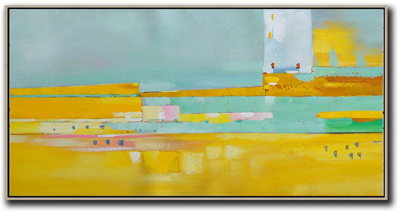 Abstract Painting Extra Large Canvas Art,Horizontal Palette Knife Contemporary Art,Big Art Canvas,Lake Blue,Yellow,Pink,White.Etc